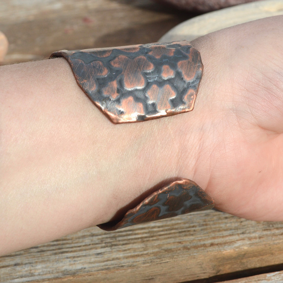 Irish Clover Wide Copper Cuff Bracelet Bracer Leaf Patina Solid Rustic Patina - Picture 8 of 8